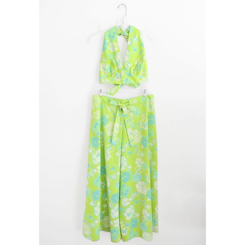 Vtg 60s 70s Lilly Pulitzer Green Cyan Pansies Halter Crop Wide Leg Pants Set 8 M - Picture 1 of 9